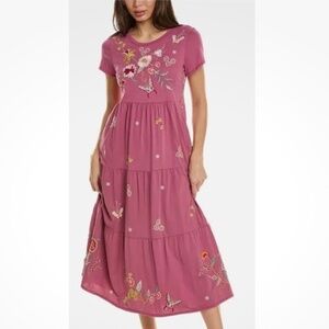 Johnny Was Suki Embroidered Violet Dress Tiered Pink Midi/Maxi